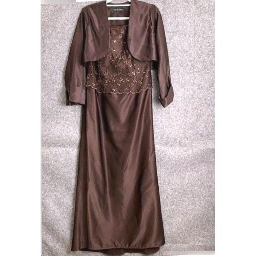 Vintage 90s Scott McClintock Brown Beaded Strapless Maxi Dress Bolero Set 14